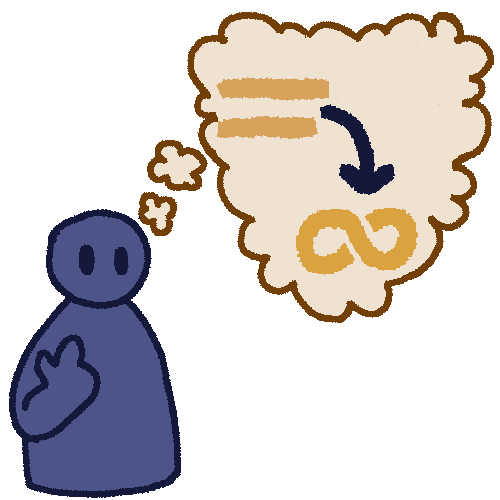 A drawing of a dark blue person pointing at themself. From their head is a pale yellow thought bubble and in it is a yellow equals sign with an arrow pointing to an autism infinity symbol.